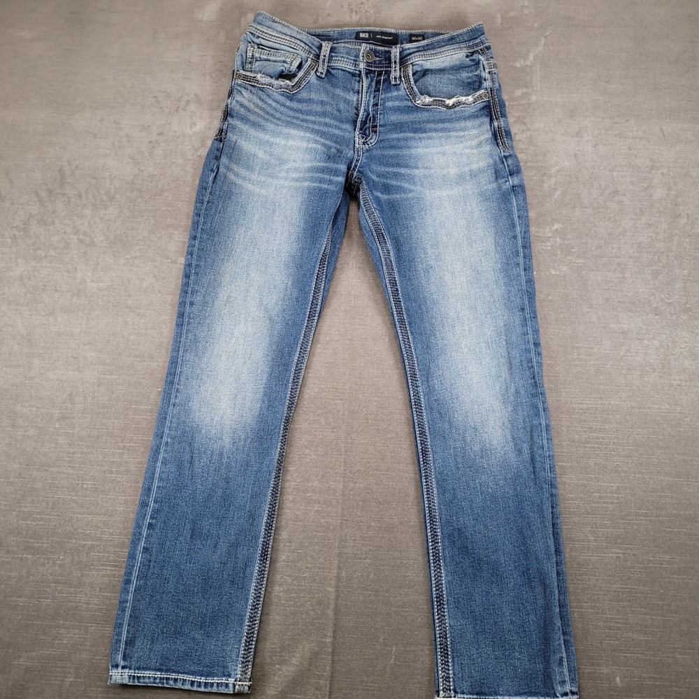 BKE Jaki Straight Mens Jeans Actual Sz 30x30 Blue Medium Wash Contrast Stitch